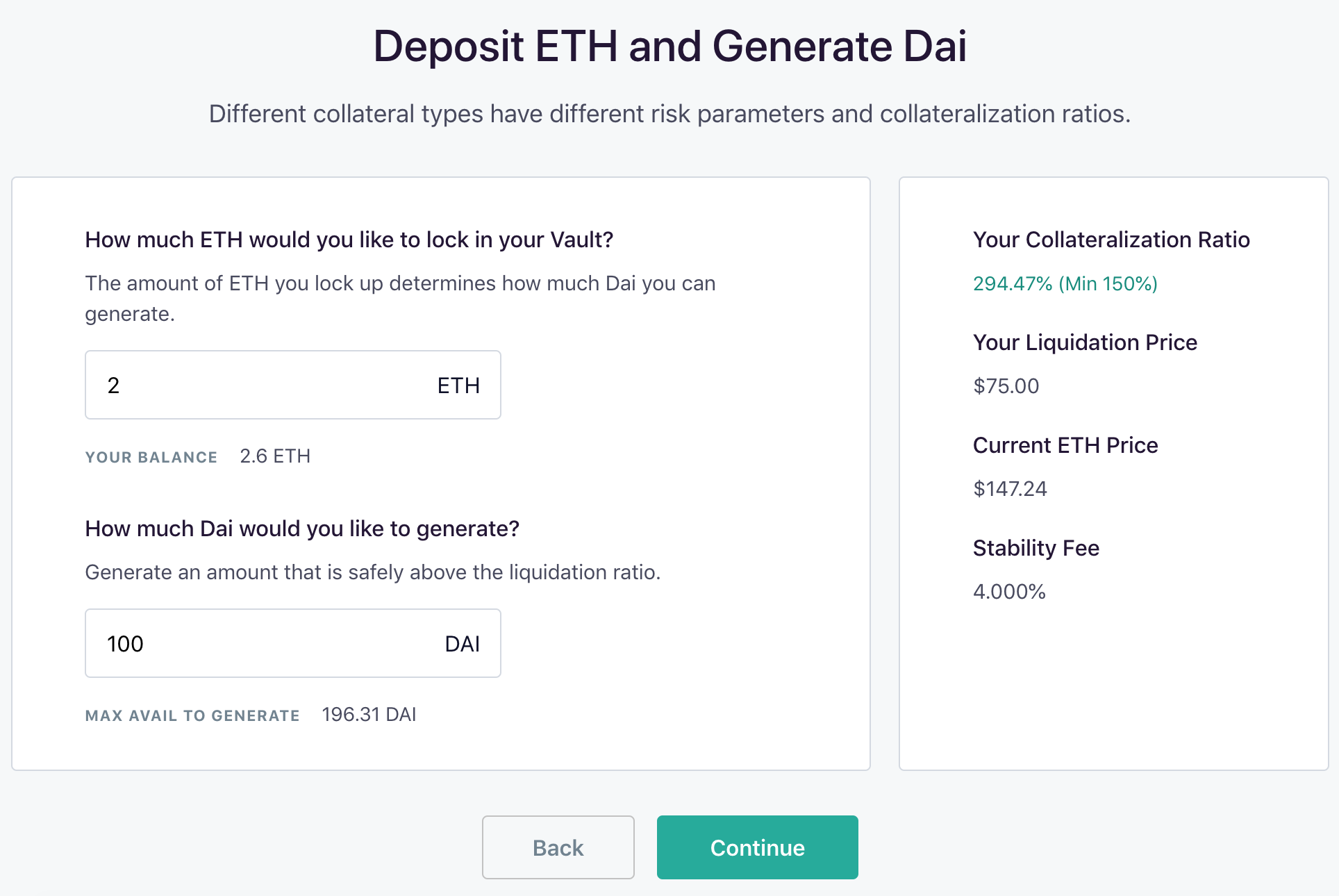 Deposit ETH and Generate Dai
